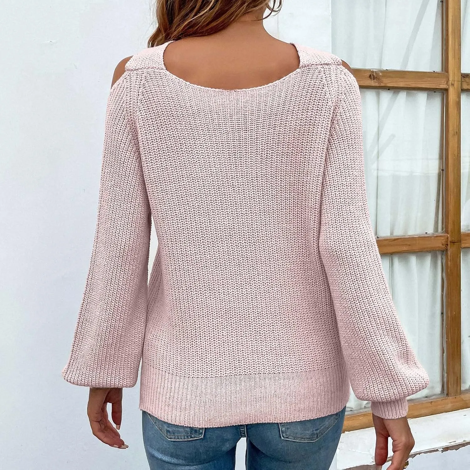 Women's Sweaters Chunky Knit Solid Color Strap Neck Long Sleeve Casual Loose Fit Soft Pullover Tops
