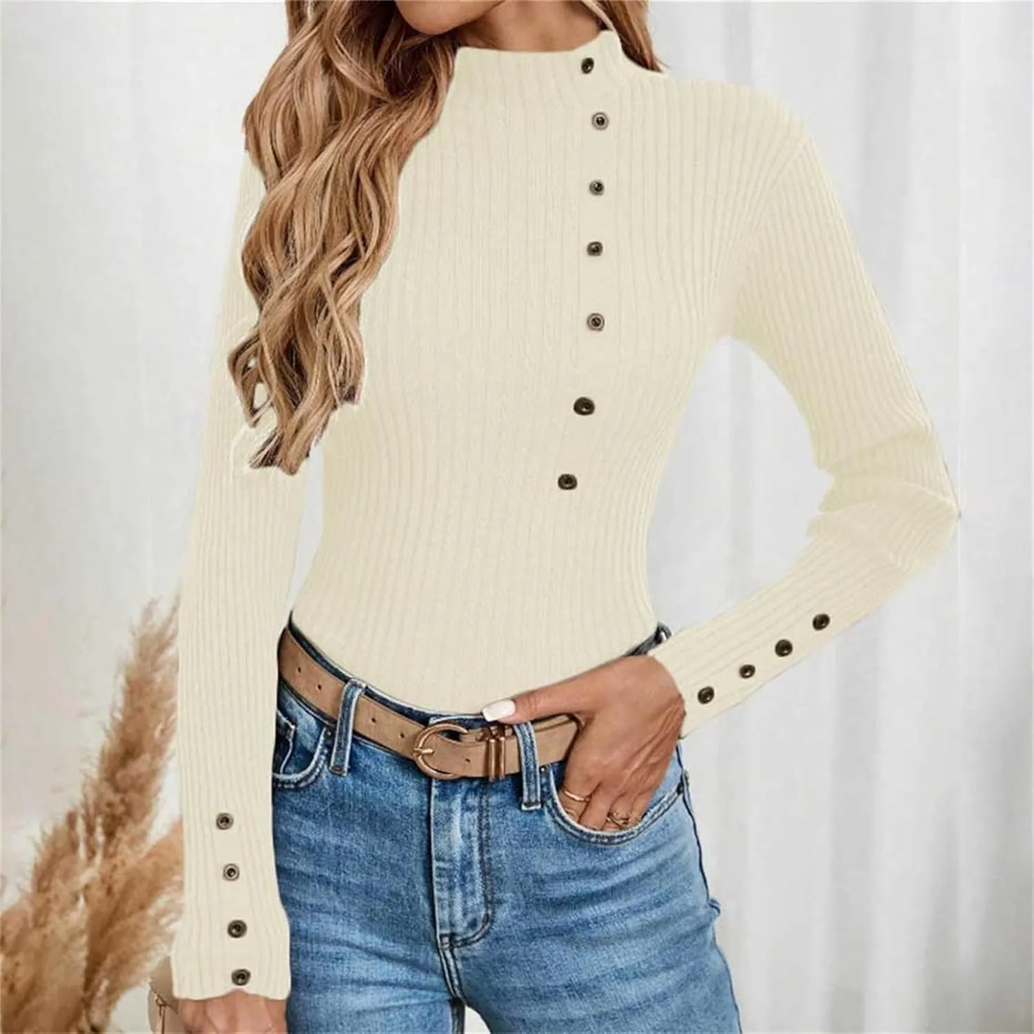 Womens Sweaters Trendy Casual Turtleneck Long Sleeve Shirts Warm Soft Slim Knit Sweater
