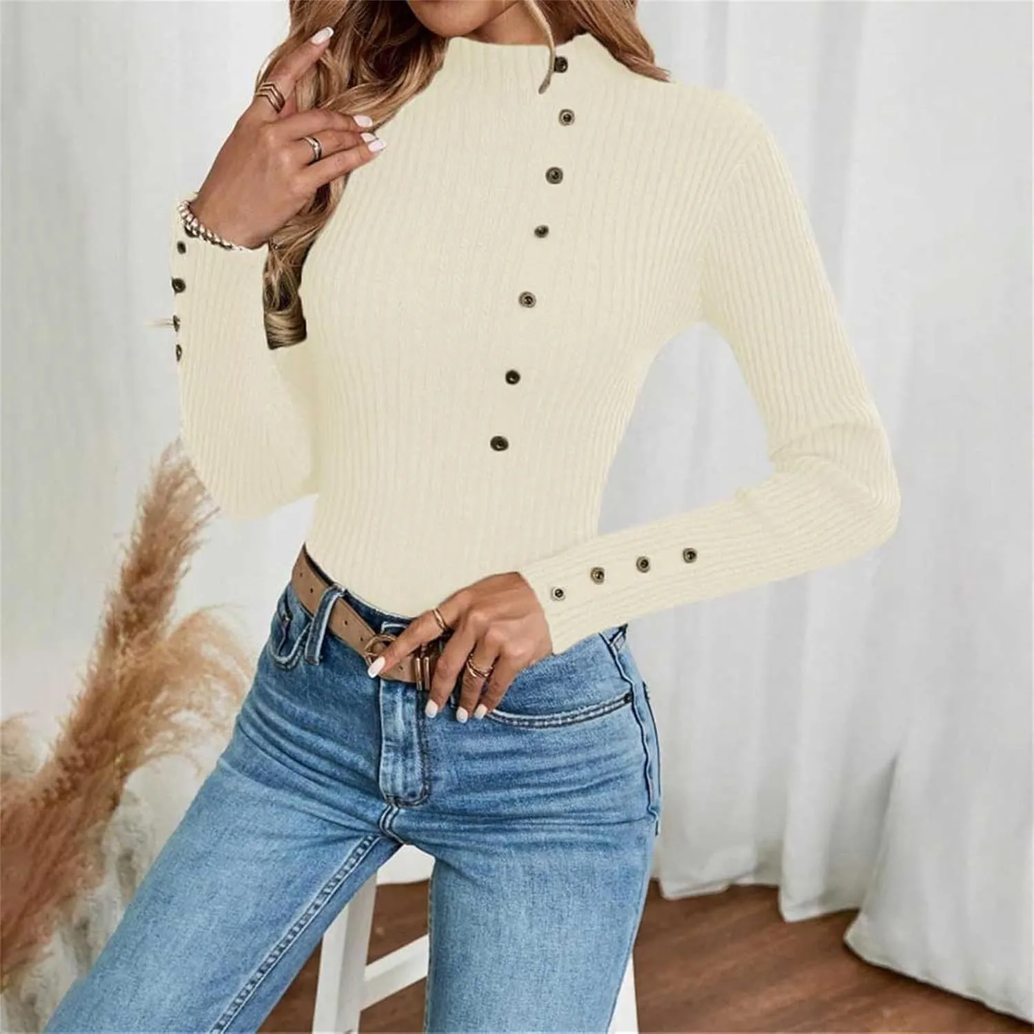 Womens Sweaters Trendy Casual Turtleneck Long Sleeve Shirts Warm Soft Slim Knit Sweater