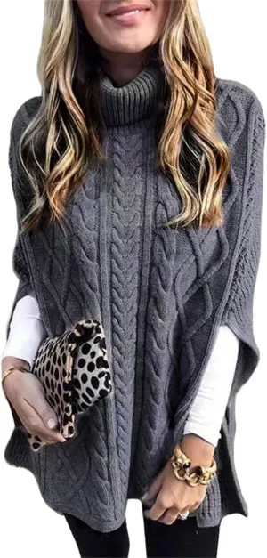 Womens Sweaters Turtleneck Sweaters Chunky Cable Knit Pullover 2024 Fall Fashion Side Slit Poncho Sweater Shawl Tops
