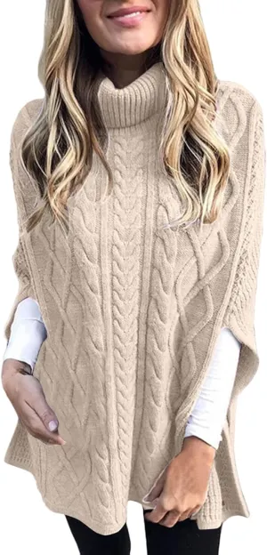 Womens Sweaters Turtleneck Sweaters Chunky Cable Knit Pullover 2024 Fall Fashion Side Slit Poncho Sweater Shawl Tops