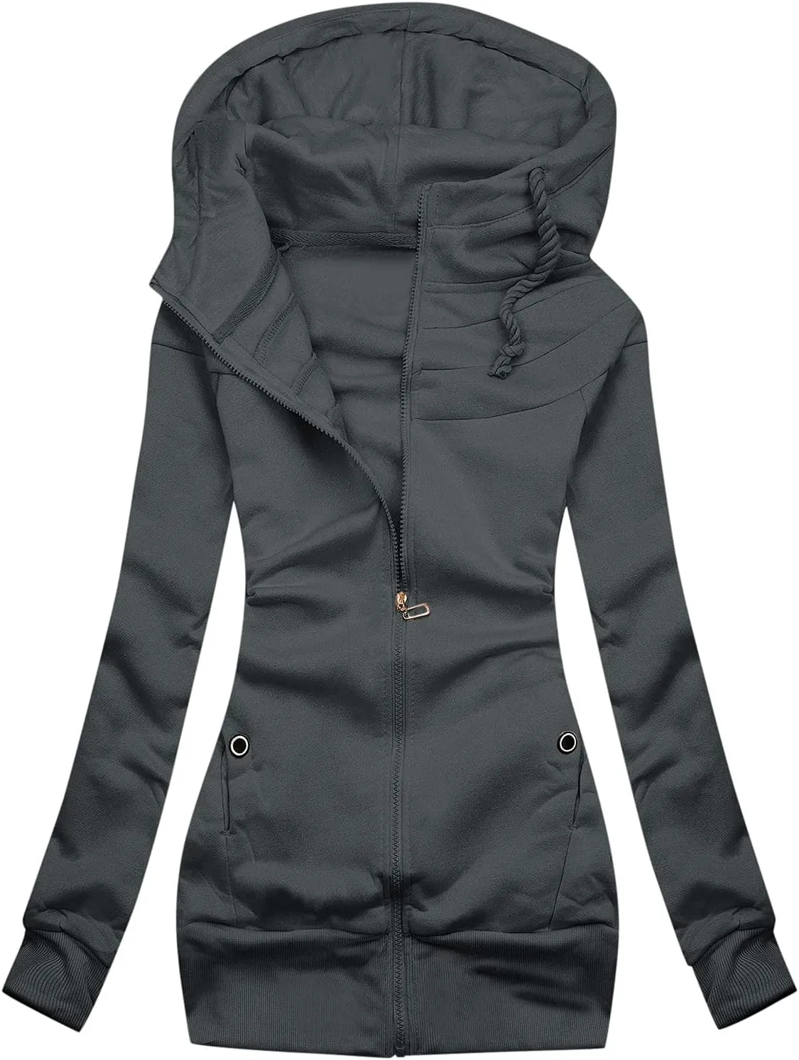 Womens Temperament Drawstring Solid Outwear Long Sleeve Zipper Overcoat Casual Soft Slim Jacket Coat Outdoor Clothes
