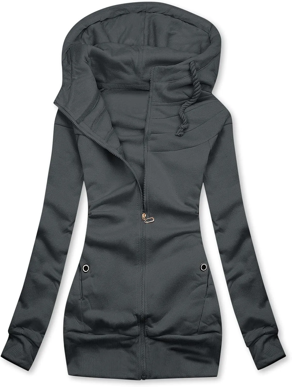 Womens Temperament Drawstring Solid Outwear Long Sleeve Zipper Overcoat Casual Soft Slim Jacket Coat Outdoor Clothes