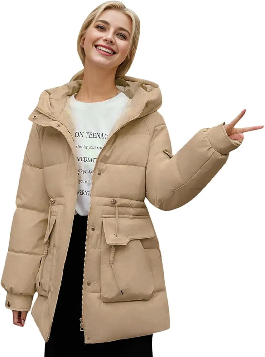 Women's Thickened Down Jacket Winter Hooded Mid-Length Puffy Packable Jacket Warm Puffer Down Coat Christmas Gifts