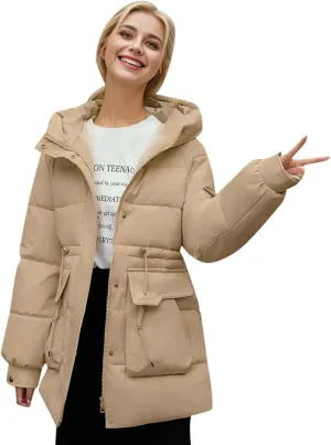 Women's Thickened Down Jacket Winter Hooded Mid-Length Puffy Packable Jacket Warm Puffer Down Coat Christmas Gifts