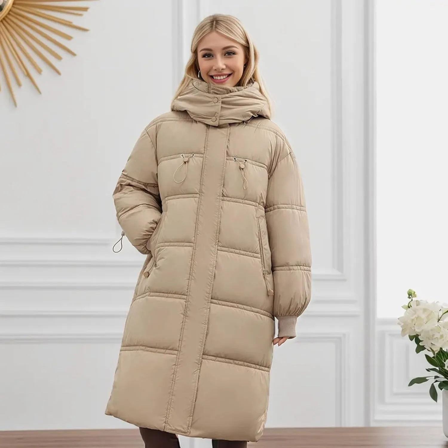 Women's Thickened Long Down Jacket Winter Warm Down Coat Hooded Quilted Puffer Jacket Parkas with Zipper Outerwear