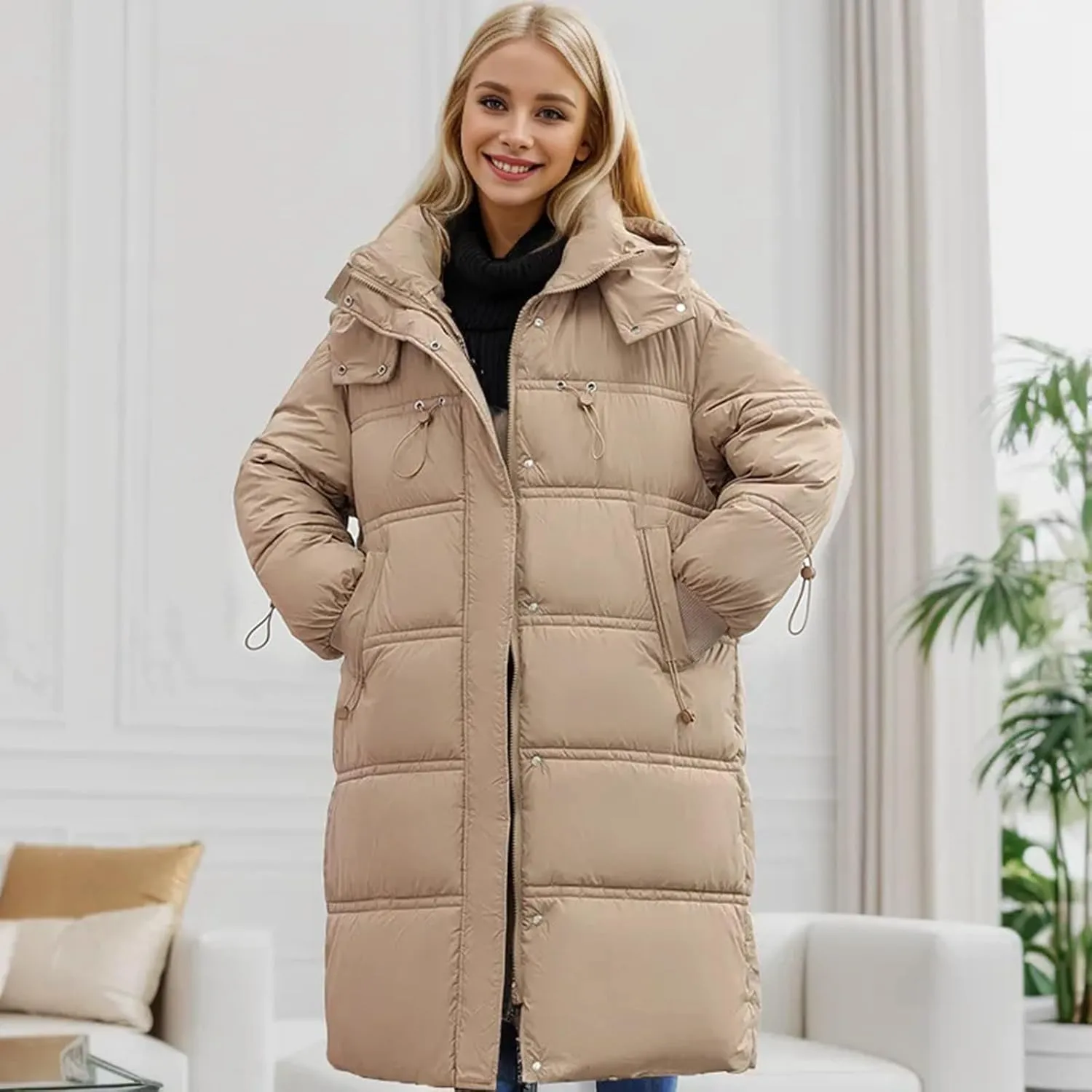 Women's Thickened Long Down Jacket Winter Warm Down Coat Hooded Quilted Puffer Jacket Parkas with Zipper Outerwear