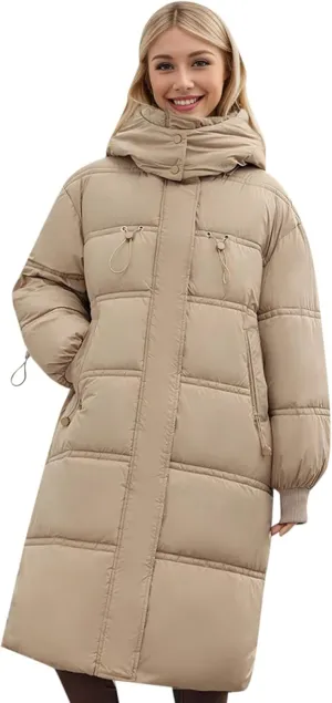 Women's Thickened Long Down Jacket Winter Warm Down Coat Hooded Quilted Puffer Jacket Parkas with Zipper Outerwear