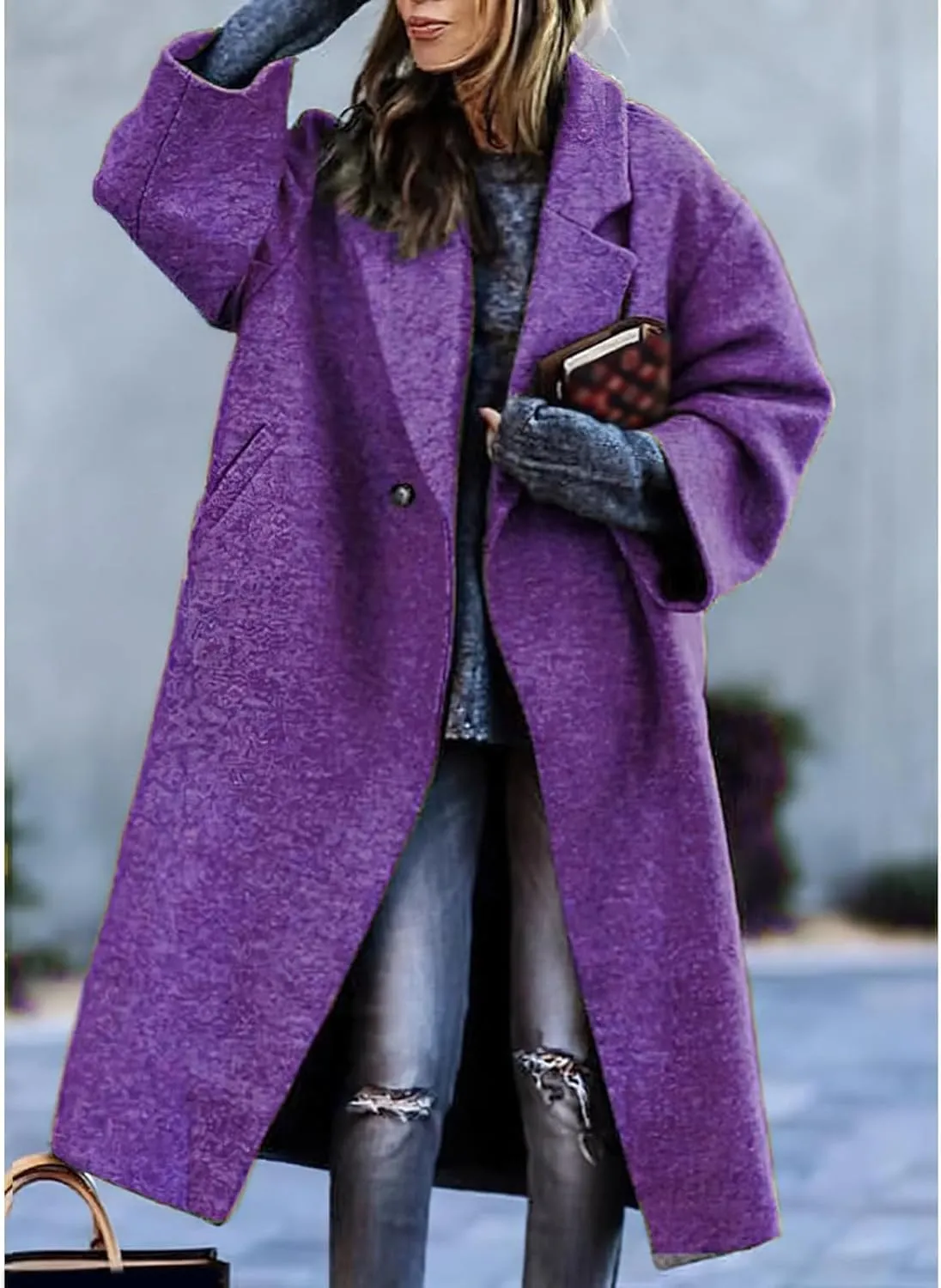Womens Trench Coat Classic Single-Breasted Plus Size Overcoat Lapel Open Front Cardigan Wool Blend Outwerar