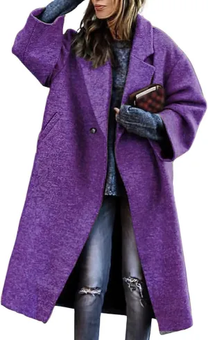 Womens Trench Coat Classic Single-Breasted Plus Size Overcoat Lapel Open Front Cardigan Wool Blend Outwerar