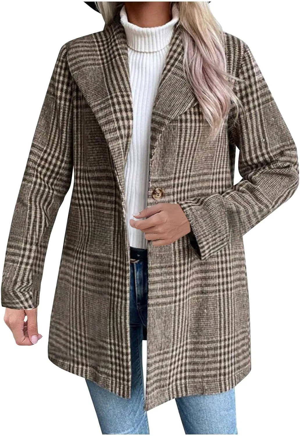 Womens Trench Coat Mid Length Plaid Jacket Single Breasted Wool Coat Notch Lapel Pea Coat Dressy Casual Jackets