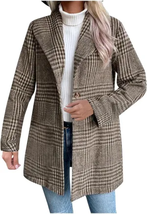 Womens Trench Coat Mid Length Plaid Jacket Single Breasted Wool Coat Notch Lapel Pea Coat Dressy Casual Jackets