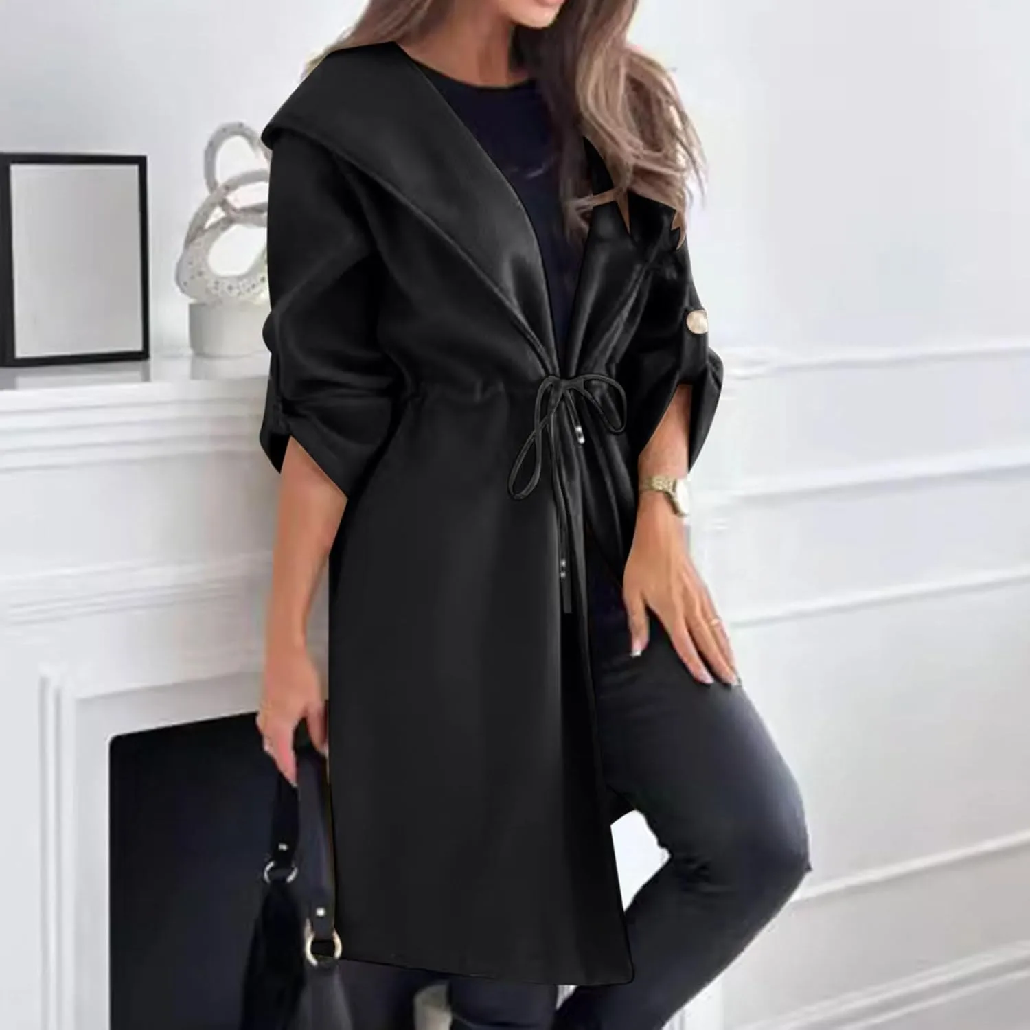 Womens Trench Coat with Hood Drawstring Long Coat Casual Long Hoodie Fashion Pea Coat Fall Winter Outfits