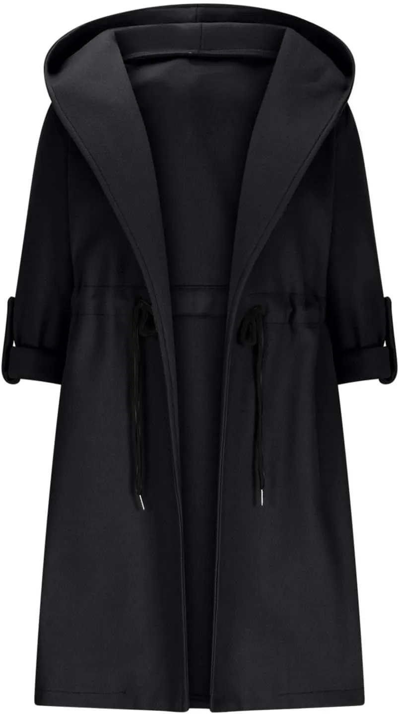 Womens Trench Coat with Hood Drawstring Long Coat Casual Long Hoodie Fashion Pea Coat Fall Winter Outfits