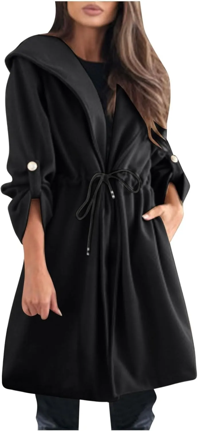 Womens Trench Coat with Hood Drawstring Long Coat Casual Long Hoodie Fashion Pea Coat Fall Winter Outfits