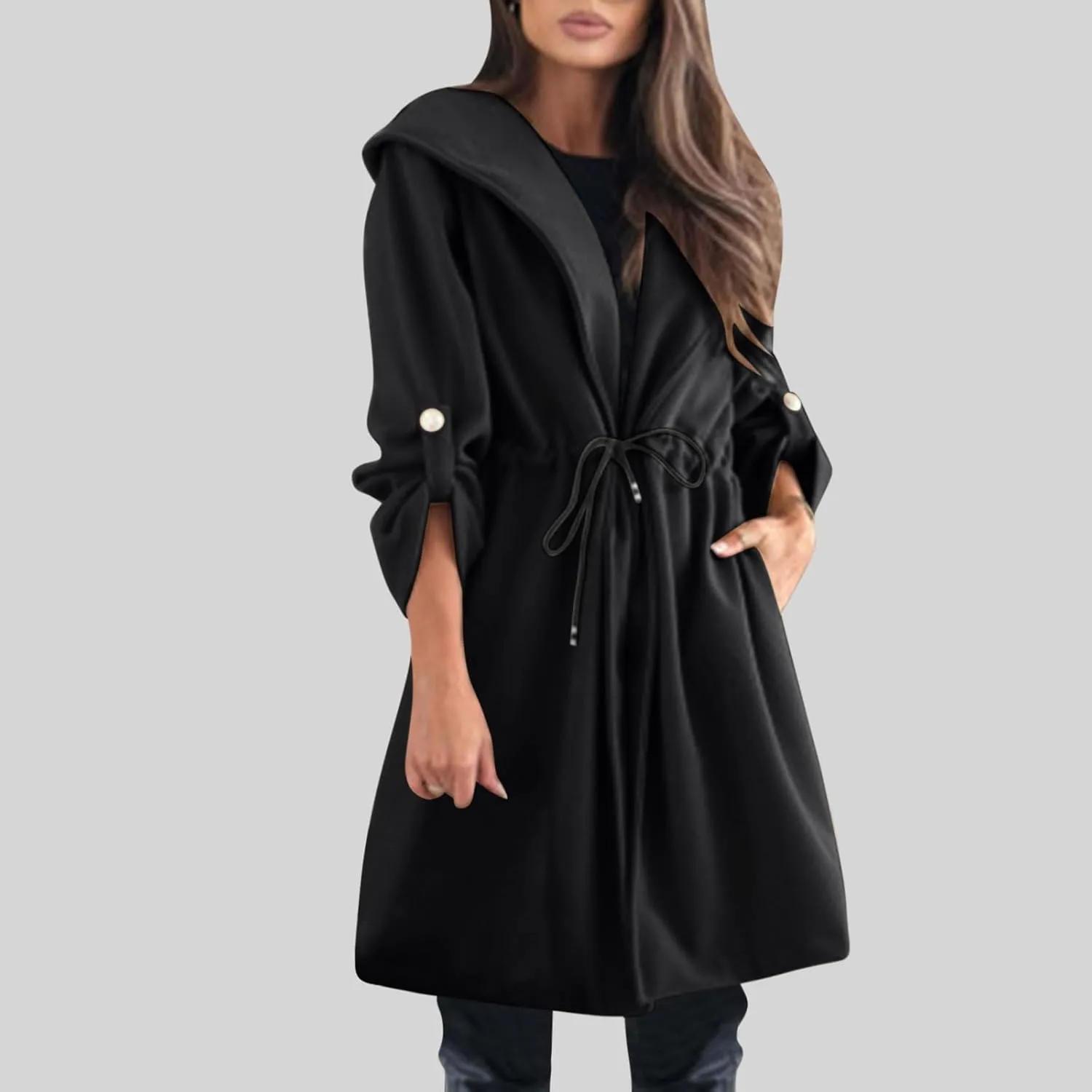 Womens Trench Coat with Hood Drawstring Long Coat Casual Long Hoodie Fashion Pea Coat Fall Winter Outfits