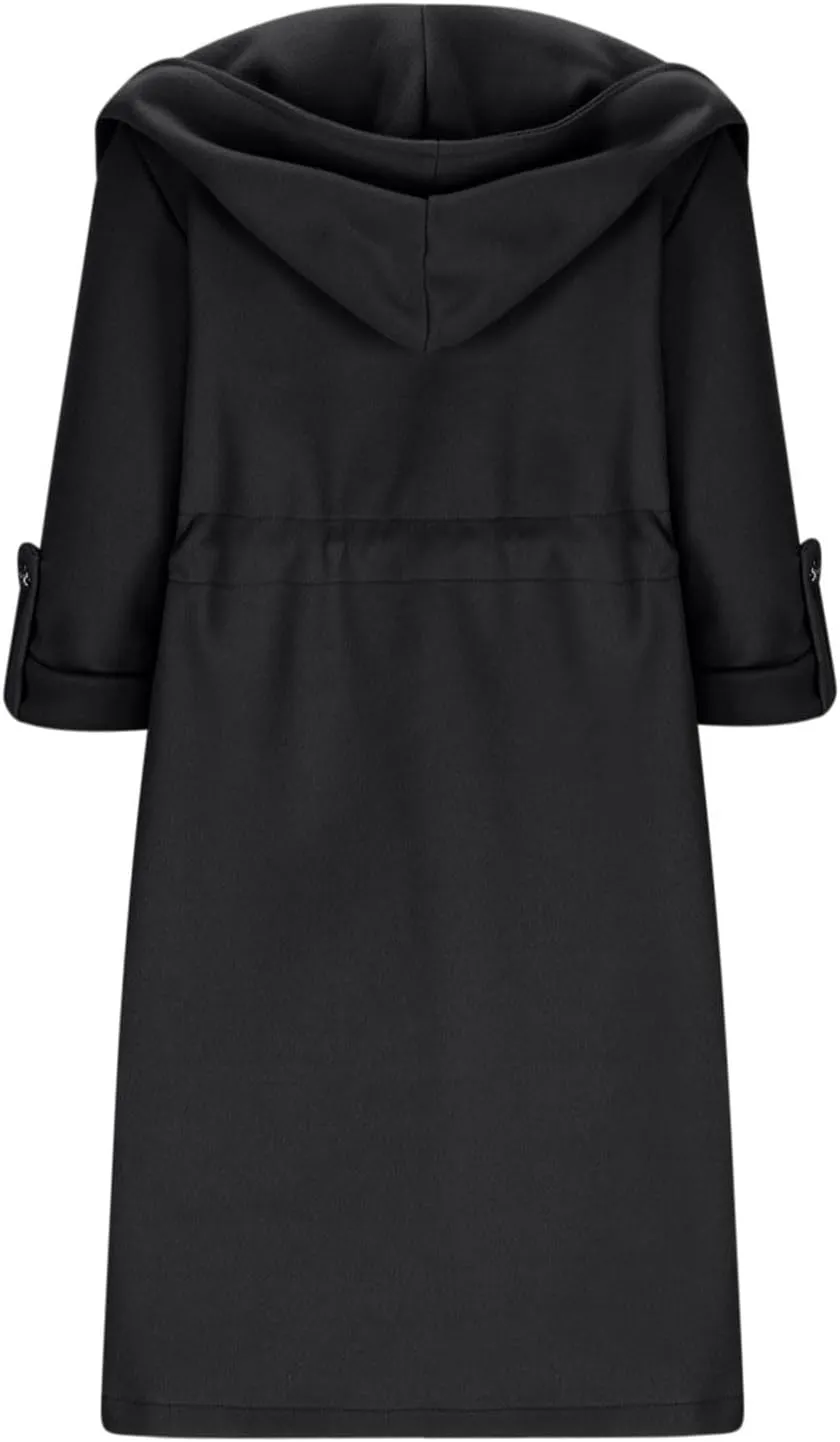 Womens Trench Coat with Hood Drawstring Long Coat Casual Long Hoodie Fashion Pea Coat Fall Winter Outfits
