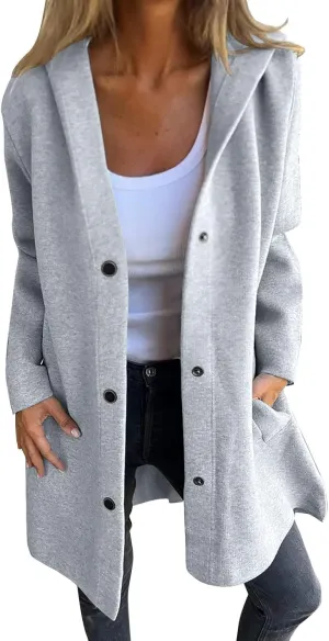 Womens Trench Coat with Hood Snap Button Jacket Plus Size Pea Coat Open Front Cardigan Casual Fall Winter Outfits