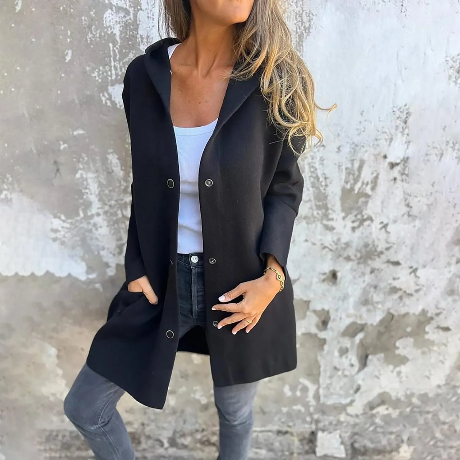 Womens Trench Coat with Hood Snap Button Jacket Plus Size Pea Coat Open Front Cardigan Casual Fall Winter Outfits