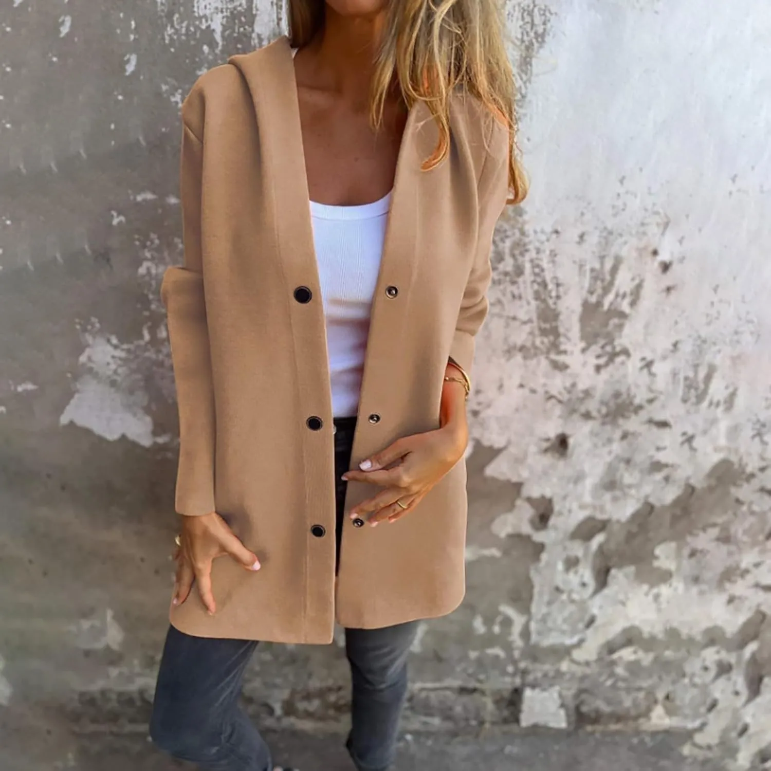 Womens Trench Coat with Hood Snap Button Jacket Plus Size Pea Coat Open Front Cardigan Casual Fall Winter Outfits