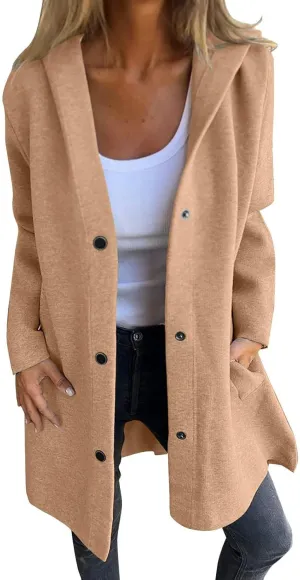 Womens Trench Coat with Hood Snap Button Jacket Plus Size Pea Coat Open Front Cardigan Casual Fall Winter Outfits