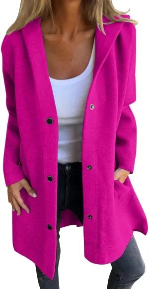 Womens Trench Coat with Hood Snap Button Jacket Plus Size Pea Coat Open Front Cardigan Casual Fall Winter Outfits
