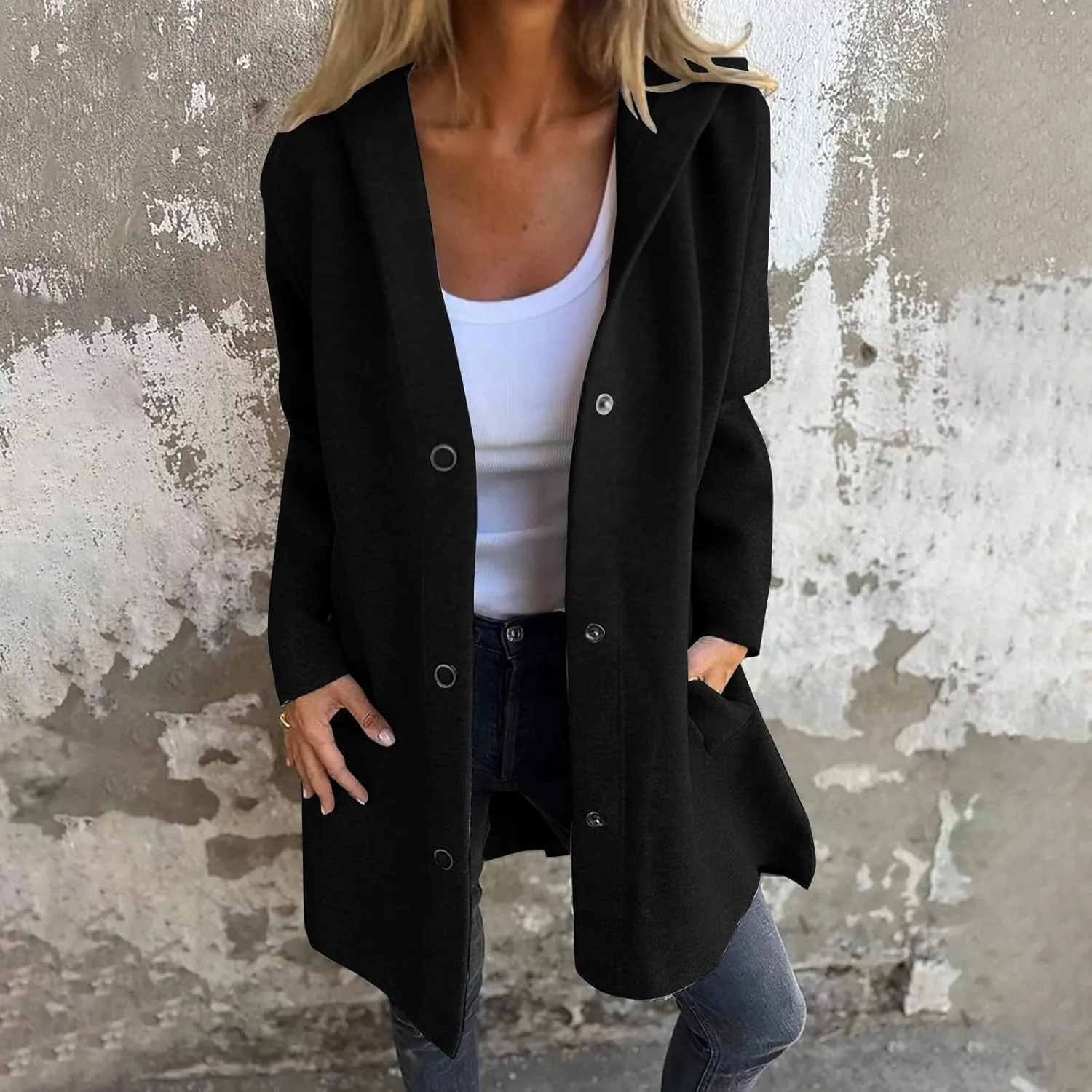 Womens Trench Coat with Hood Snap Button Jacket Plus Size Pea Coat Open Front Cardigan Casual Fall Winter Outfits