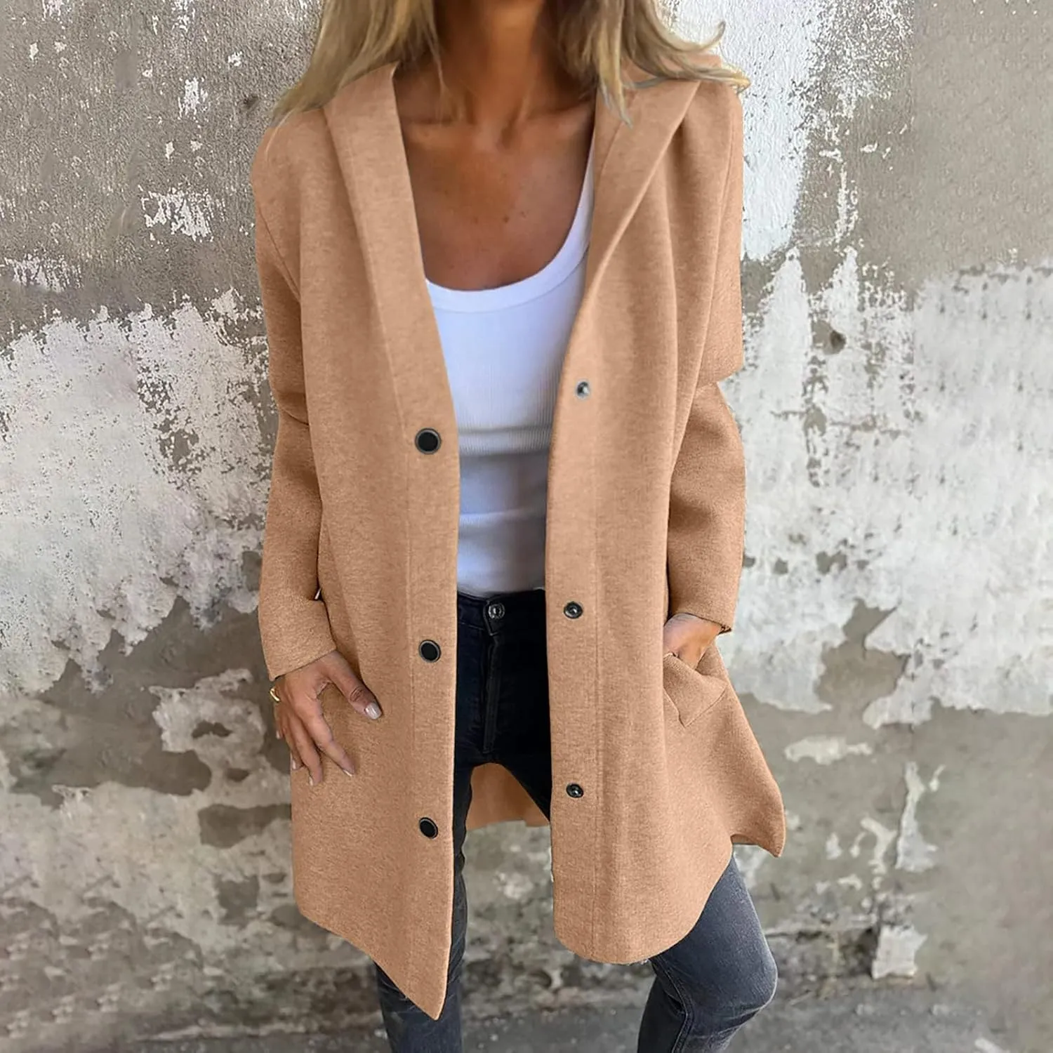 Womens Trench Coat with Hood Snap Button Jacket Plus Size Pea Coat Open Front Cardigan Casual Fall Winter Outfits