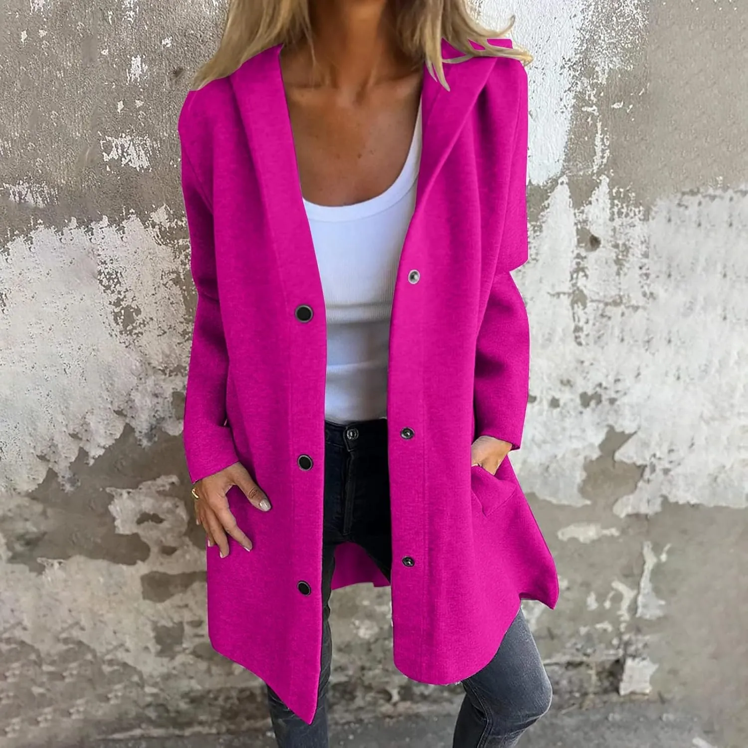Womens Trench Coat with Hood Snap Button Jacket Plus Size Pea Coat Open Front Cardigan Casual Fall Winter Outfits