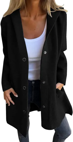 Womens Trench Coat with Hood Snap Button Jacket Plus Size Pea Coat Open Front Cardigan Casual Fall Winter Outfits