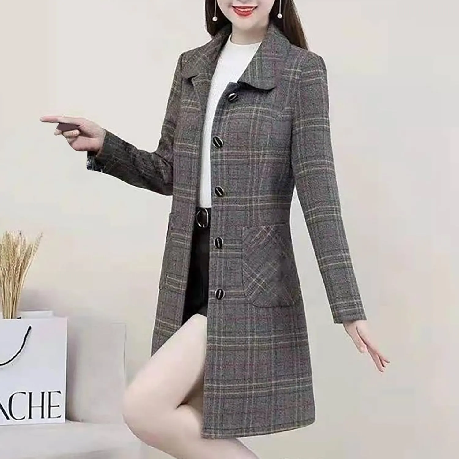 Women's Trench Coats Plaid Single Breasted Coat Lapel Pea Coat Plus Size Wool Blend Coats Casual Work Jackets