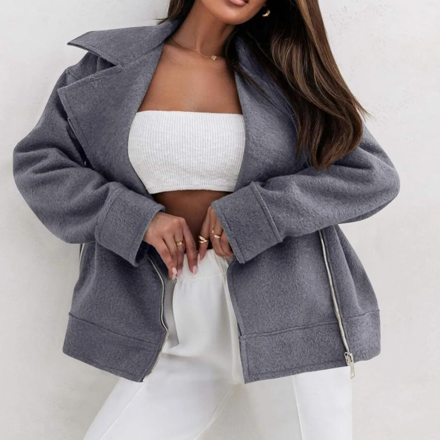 Women's Trench Coats Short Pea Coat Wool Blend Zip up Jacket Notch Lapel Jacket Loose Fit Casual Jacket Winter Coat