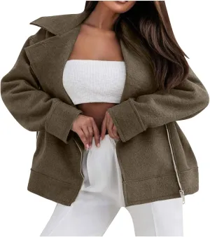 Women's Trench Coats Short Pea Coat Wool Blend Zip up Jacket Notch Lapel Jacket Loose Fit Casual Jacket Winter Coat