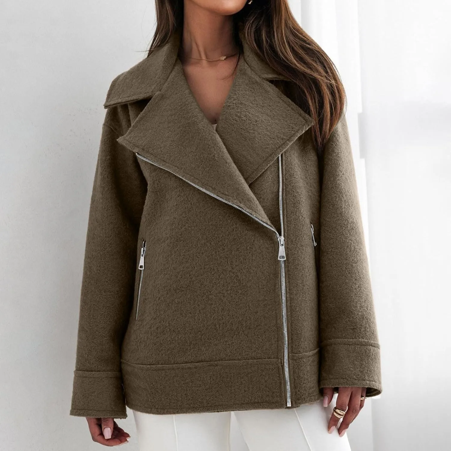 Women's Trench Coats Short Pea Coat Wool Blend Zip up Jacket Notch Lapel Jacket Loose Fit Casual Jacket Winter Coat
