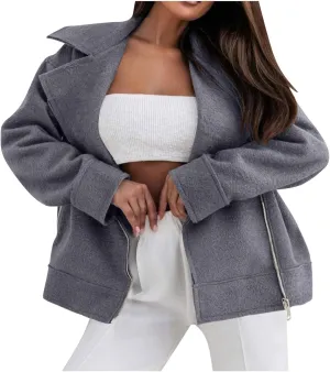 Women's Trench Coats Short Pea Coat Wool Blend Zip up Jacket Notch Lapel Jacket Loose Fit Casual Jacket Winter Coat