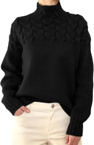 Womens Turtleneck Long Sleeve Solid Comfy Cable Knit Sweater, Slouchy Knit Chunky Sweater, Womens Turtleneck Sweater