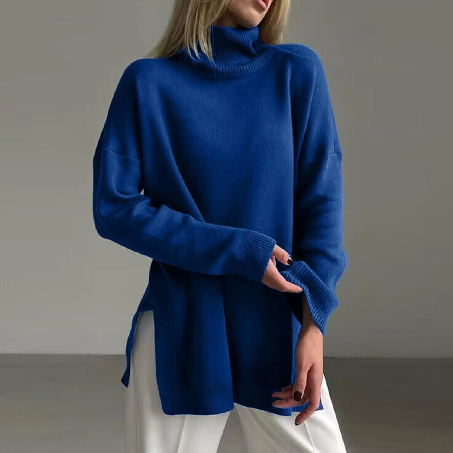 Women's Turtleneck Oversized Sweaters 2024 Fall Casual Loose Long Sleeve Split Hem Tunic Pullover Sweater Knit Tops