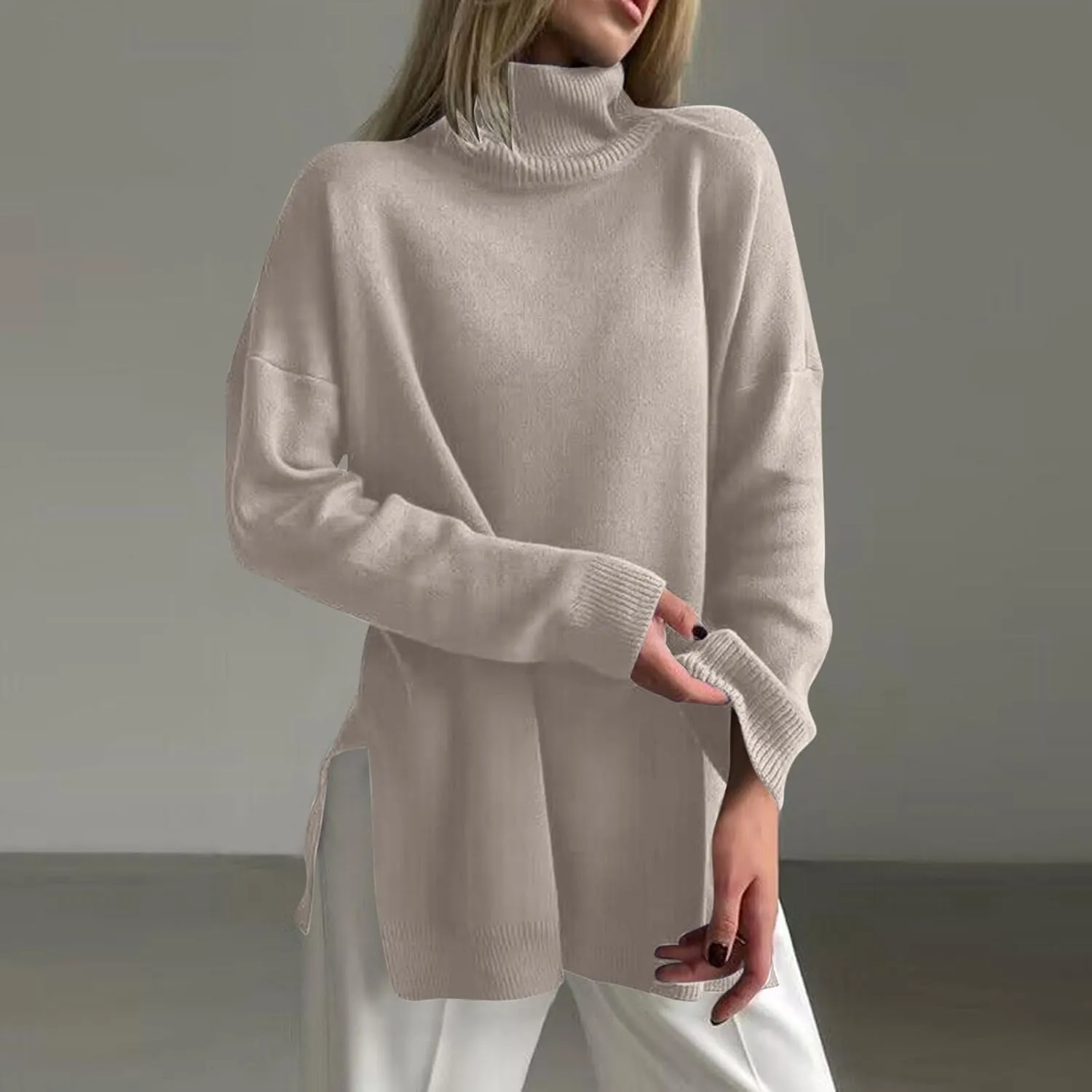 Women's Turtleneck Oversized Sweaters 2024 Fall Casual Loose Long Sleeve Split Hem Tunic Pullover Sweater Knit Tops