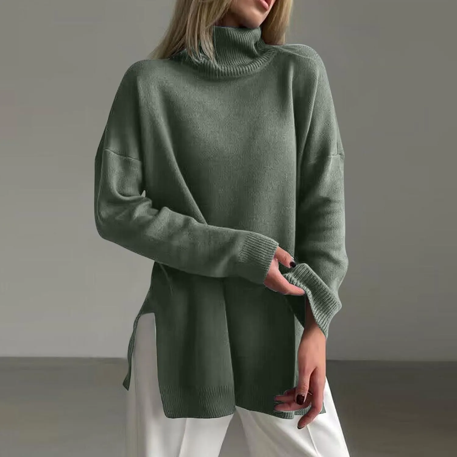 Women's Turtleneck Oversized Sweaters 2024 Fall Casual Loose Long Sleeve Split Hem Tunic Pullover Sweater Knit Tops