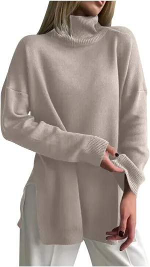 Women's Turtleneck Oversized Sweaters 2024 Fall Casual Loose Long Sleeve Split Hem Tunic Pullover Sweater Knit Tops