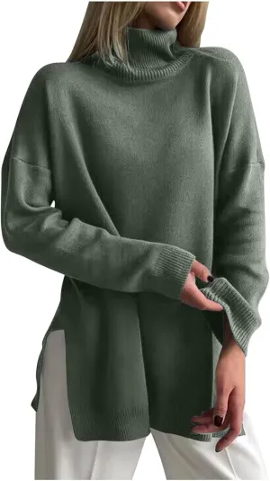 Women's Turtleneck Oversized Sweaters 2024 Fall Casual Loose Long Sleeve Split Hem Tunic Pullover Sweater Knit Tops