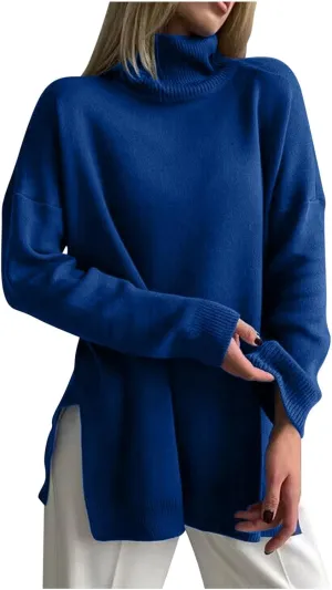 Women's Turtleneck Oversized Sweaters 2024 Fall Casual Loose Long Sleeve Split Hem Tunic Pullover Sweater Knit Tops