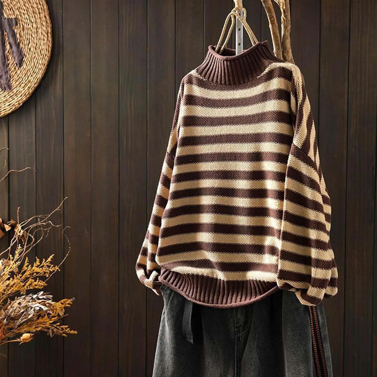Women's Turtleneck Sweater 2024 Sleeve Knit Solid Color Sweater Pullover Top Fall Tops Cute