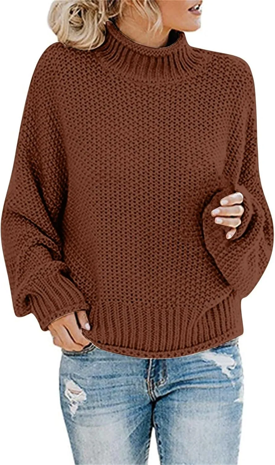 Women's Turtleneck Sweater 2024 Sleeve Knit Solid Color Sweater Pullover Top Fall Tops Cute