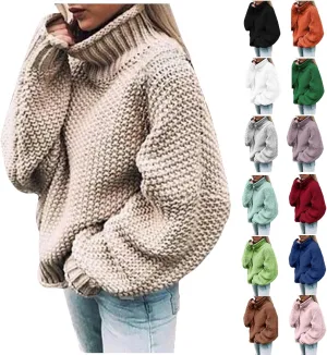 Womens Turtleneck Sweater Oversized Knit Sweater Chunky Pullover Sweater Vintage Jumper Top Winter Casual Tunic Top