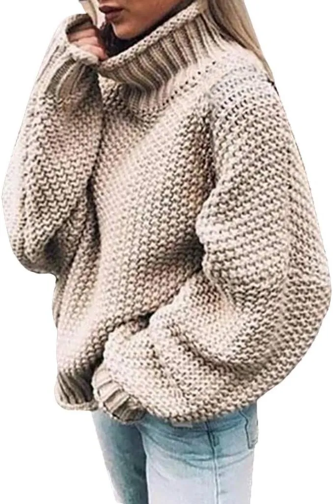 Womens Turtleneck Sweater Oversized Knit Sweater Chunky Pullover Sweater Vintage Jumper Top Winter Casual Tunic Top