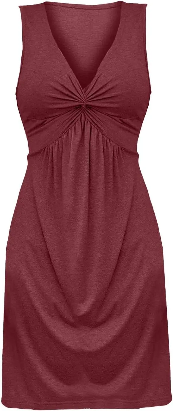 Women's Twist Front V Neck Ruffle Casual Summer Dress Sexy Elegant Sleeveless Club Party Tunic Bodycon Mini Dresses