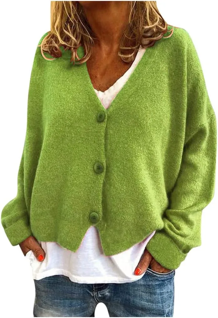 Women's V Neck Long Sleeve Sweater Solid Color Stripes Knit Sweaters Lightweight Novelty Slouchy Cardigans Fall Coats