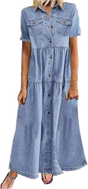 Women's Vintage Short Sleeve Blue Jean Shirt Dress Button Up Denim Dress Summer Jean Shirt Dress Flowy Fall Long Dress