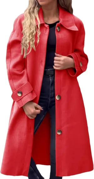 Womens Wool Blend Coat Button Down Long Sleeve Jackets Winter Lapel Open Front Coats Trendy Trench Coat